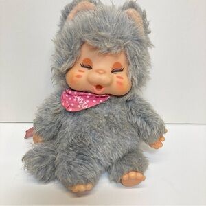 Rare Nyamy Monchhichi Gray Kitty Cat Thumb Sucking 7” Rubber Face Doll 1979 Vtg